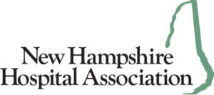 New Hampshire Hospital Association Logo, Black Text, Teal State of New Hampshire Graphic